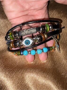 Boho Turquoise Beaded Leather Wrap Bracelet with Evil Eye Charm
